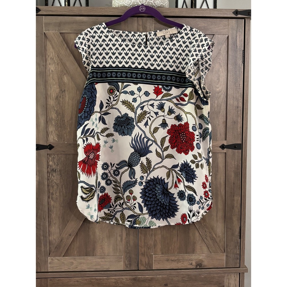 Loft Mixed Print Floral Cap Sleeve Blouse Navy Blue Red White Small